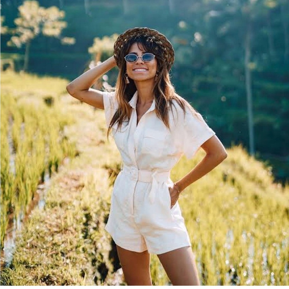 Kookai Linen Blend Cream Short-Sleeve Utility Romper